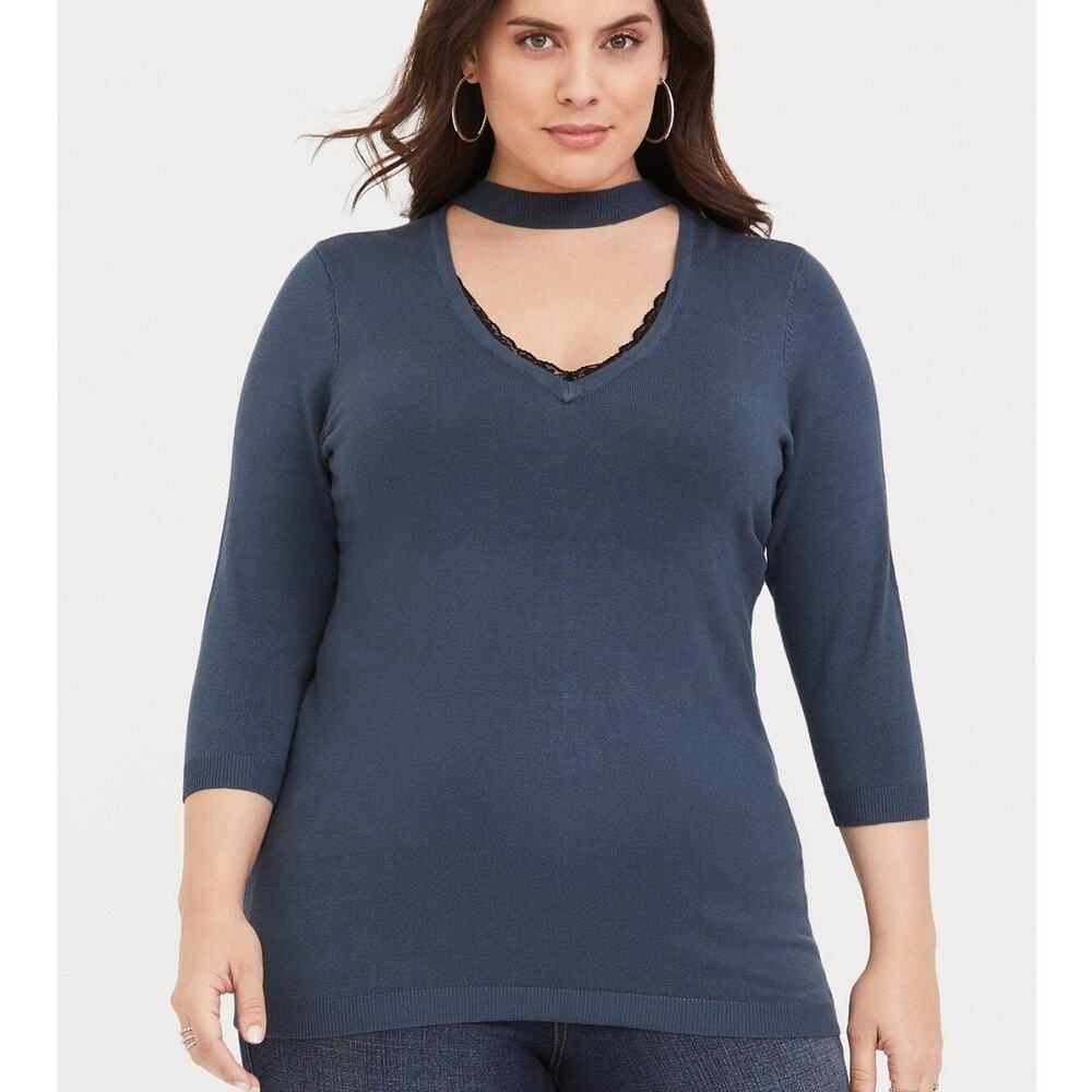Torrid Choker Neck Sweater Plus Size 4X Lace Trim Stretch Teal Dark Academia